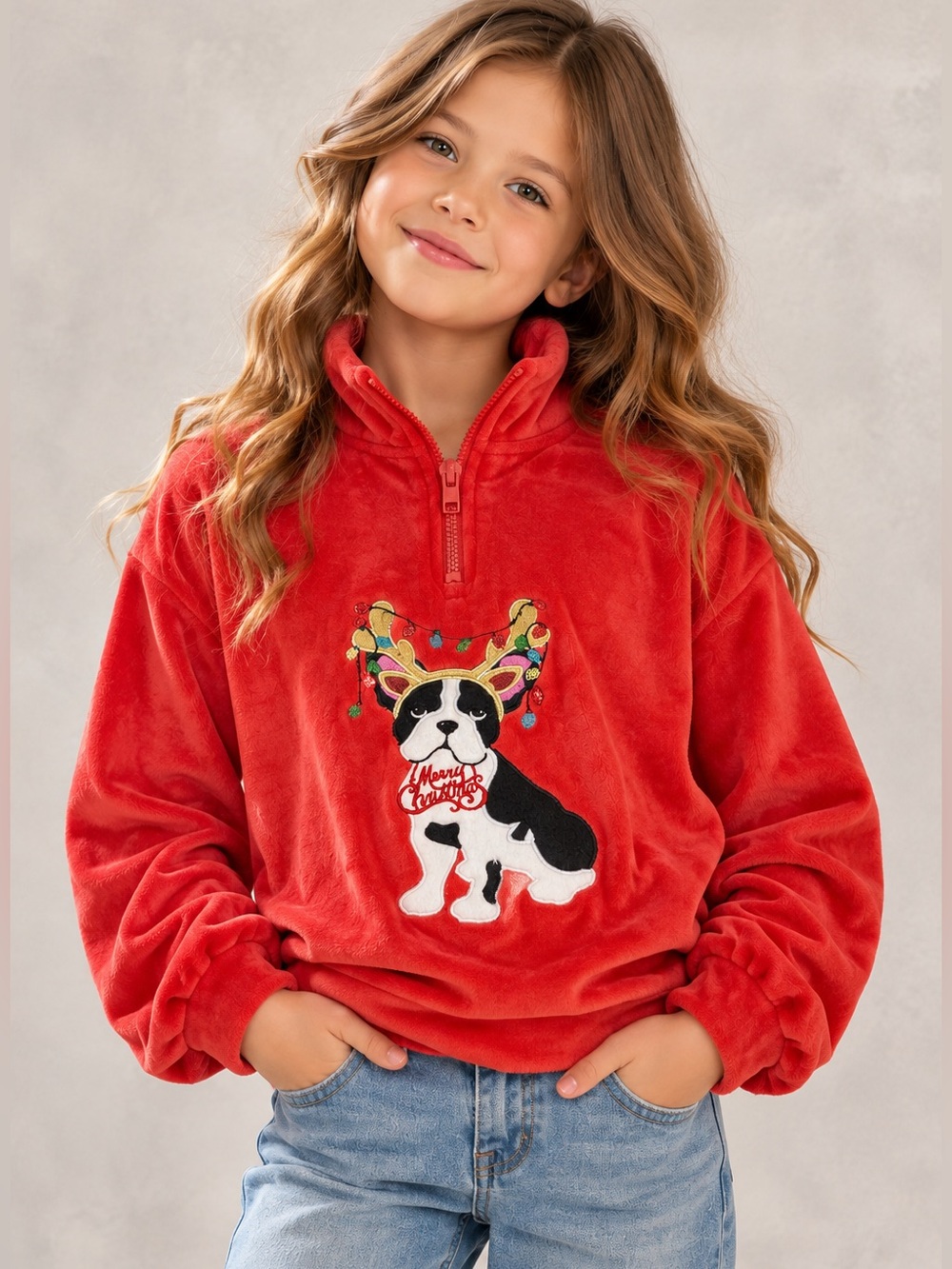 Poof girl Large Red Polyester Christmas Pullover with Festive Dog Applique